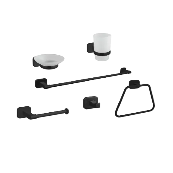 SET P/BAÑO 6 PZAS BASE CUADRADO AMARU BLACK -FRATELLI